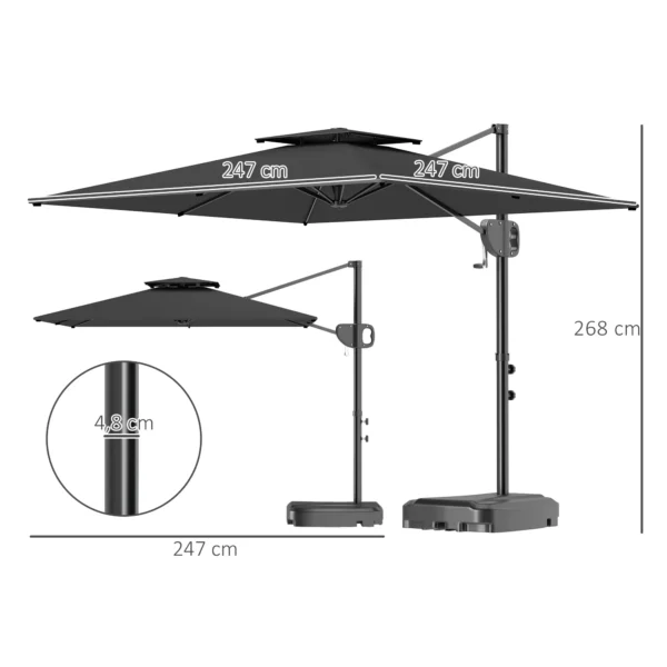 Kantelbare Parasol 247 X 247cm Met Dubbel Dak, Zwengelstandaard, Waterafstotend, Donkergrijs