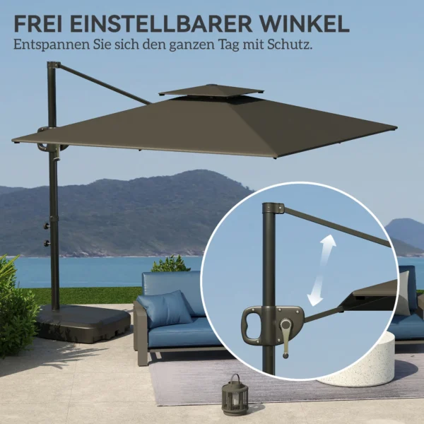 Kantelbare Parasol 247 X 247cm Met Dubbel Dak, Zwengelstandaard, Waterafstotend, Donkergrijs