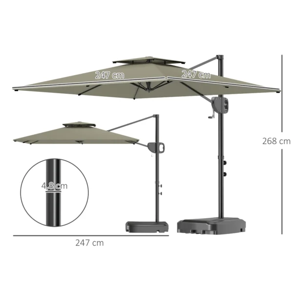 Kantelbare Parasol 247 X 247cm Met Dubbel Dak, Zwengelstandaard, Waterafstotend, Lichtgrijs