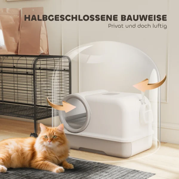 Kattenbak Met Deksel, Uitschuifbaar Dienblad, 2 Actieve Koolfilters Voor Katten Tot 5 Kg, 59x39,5x39,5cm, Wit+Grijs