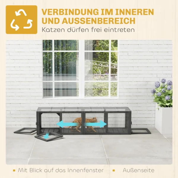 Kattentunnel Kattenspeelgoed Van Hout Met 3 Deuren, Uitbreidbare Speeltunnel Voor Katten Tot 10 Kg, 151,5 X 38,5 Cm Grijs