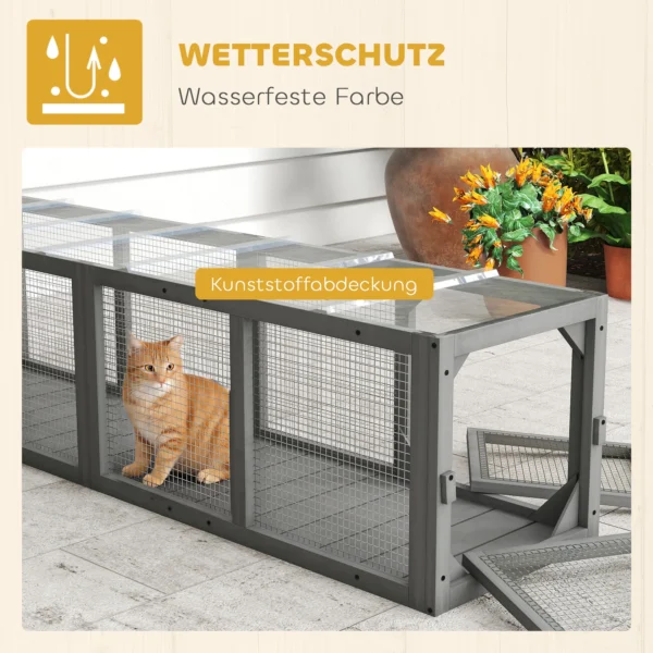 Kattentunnel Kattenspeelgoed Van Hout Met 3 Deuren, Uitbreidbare Speeltunnel Voor Katten Tot 10 Kg, 151,5 X 38,5 Cm Grijs