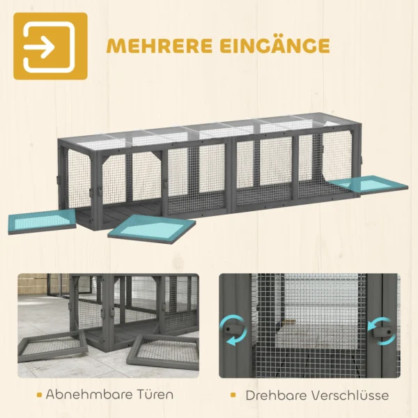Kattentunnel Kattenspeelgoed Van Hout Met 3 Deuren, Uitbreidbare Speeltunnel Voor Katten Tot 10 Kg, 151,5 X 38,5 Cm Grijs