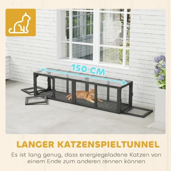Kattentunnel Kattenspeelgoed Van Hout Met 3 Deuren, Uitbreidbare Speeltunnel Voor Katten Tot 10 Kg, 151,5 X 38,5 Cm Grijs