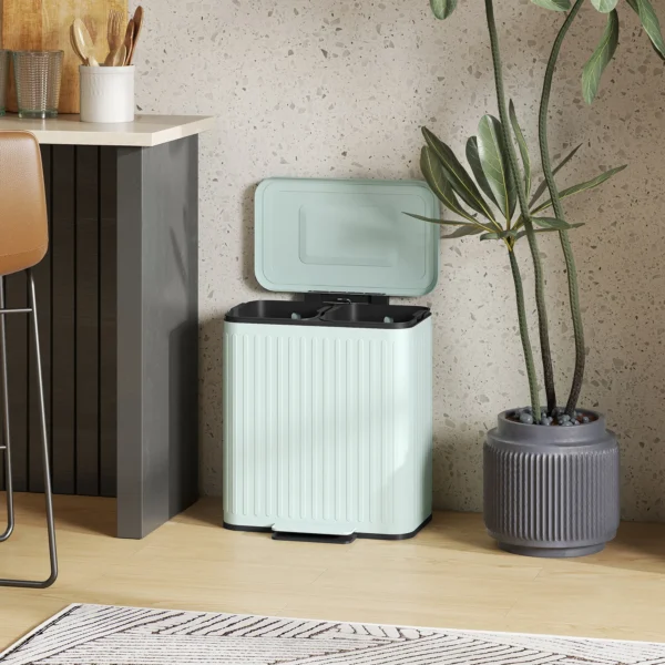 Keukenafvalbak, 2 X 20 L vakken, Efficiënte Afvalscheiding, Voetpedaal, Kunststof, Metaal, Groen