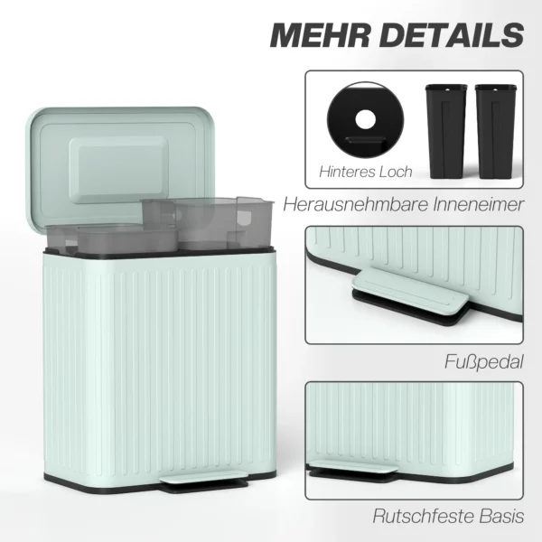 Keukenafvalbak, 2 X 20 L vakken, Efficiënte Afvalscheiding, Voetpedaal, Kunststof, Metaal, Groen