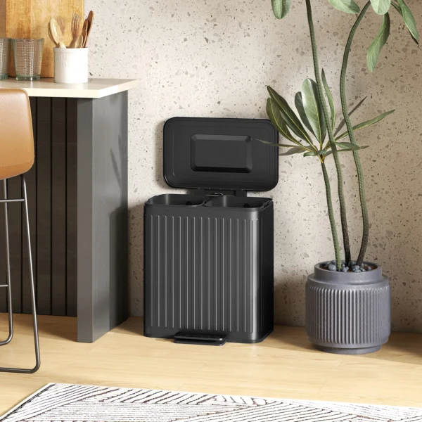 Keukenafvalbak, 2 X 20 L vakken, Efficiënte Afvalscheiding, Voetpedaal, Kunststof, Metaal, Zwart