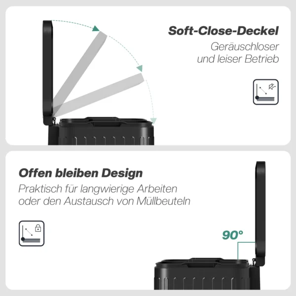 Keukenafvalbak, 2 X 20 L vakken, Efficiënte Afvalscheiding, Voetpedaal, Kunststof, Metaal, Zwart