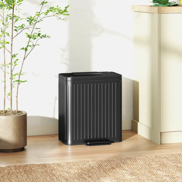 Keukenafvalbak, 2 X 20 L vakken, Efficiënte Afvalscheiding, Voetpedaal, Kunststof, Metaal, Zwart