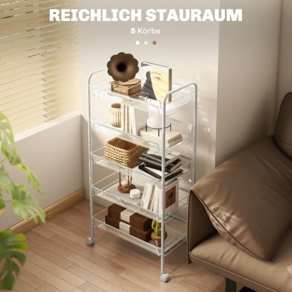 Keukenwagen Met 5 Draadmanden, 4 Haken, 4 Wielen, 2 Handvatten, Staal/kunststof, 45x26,5x106 Cm, Wit