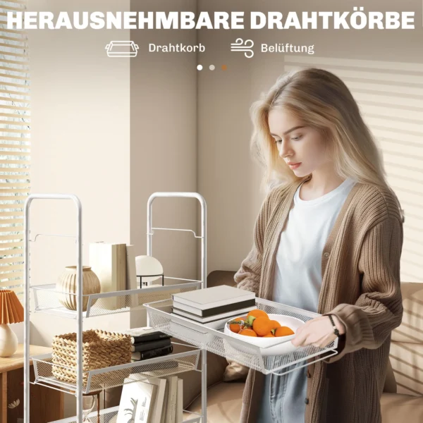 Keukenwagen Met 5 Draadmanden, 4 Haken, 4 Wielen, 2 Handvatten, Staal/kunststof, 45x26,5x106 Cm, Wit