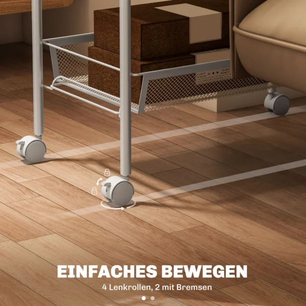 Keukenwagen Met 5 Draadmanden, 4 Haken, 4 Wielen, 2 Handvatten, Staal/kunststof, 45x26,5x106 Cm, Wit