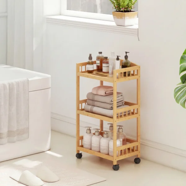 Keukenwagen Rolwagen Met 3 Niveaus, Serveerwagen Met Opbergruimte Keukenrek Op Wielen, Voor Keuken Badkamer Kantoor Natuurhout