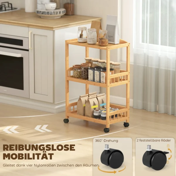 Keukenwagen Rolwagen Met 3 Niveaus, Serveerwagen Met Opbergruimte Keukenrek Op Wielen, Voor Keuken Badkamer Kantoor Natuurhout