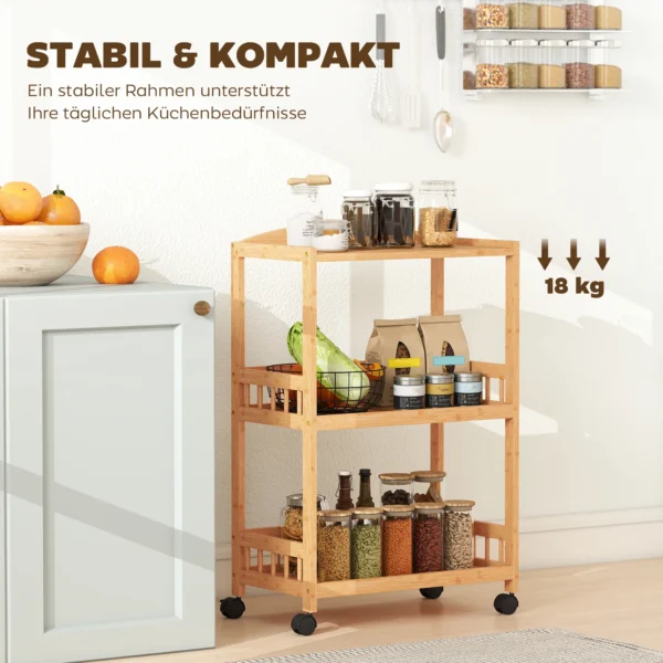 Keukenwagen Rolwagen Met 3 Niveaus, Serveerwagen Met Opbergruimte Keukenrek Op Wielen, Voor Keuken Badkamer Kantoor Natuurhout