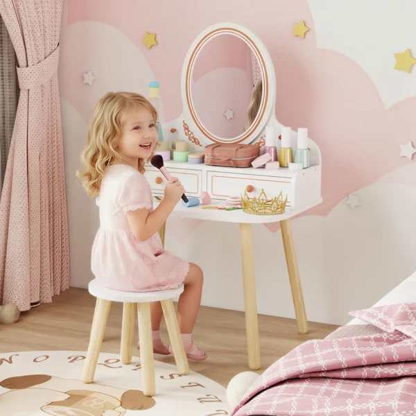 Kinder Make up Tafel Set Kaptafel Met Kruk Spiegel Laden Kledingrekken Voor 3 8 Jaar 56 X 38 X 87,8 Cm Wit