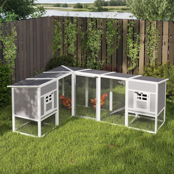 Kippenhok L vormig Houten Kippenhuis Met 2 Huizen, 2 Niveaus, Ren, Helling, 251 X 192 X 103 Cm Grijs