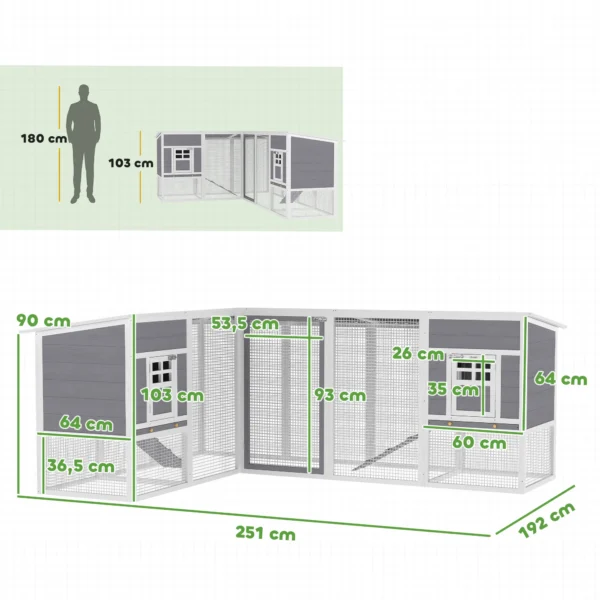 Kippenhok L vormig Houten Kippenhuis Met 2 Huizen, 2 Niveaus, Ren, Helling, 251 X 192 X 103 Cm Grijs