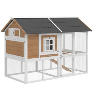 Kippenhok Met Ren, Nestkast, Uitschuifbaar Dienblad, Asfaltdak Voor 4 Kippen 200x104x145cm Hout Bruin
