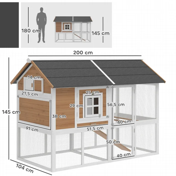 Kippenhok Met Ren, Nestkast, Uitschuifbaar Dienblad, Asfaltdak Voor 4 Kippen 200x104x145cm Hout Bruin