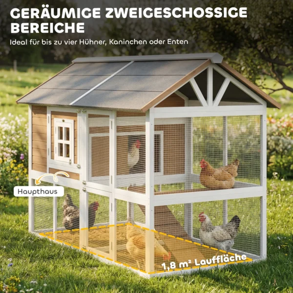 Kippenhok Met Ren, Nestkast, Uitschuifbaar Dienblad, Asfaltdak Voor 4 Kippen 200x104x145cm Hout Bruin