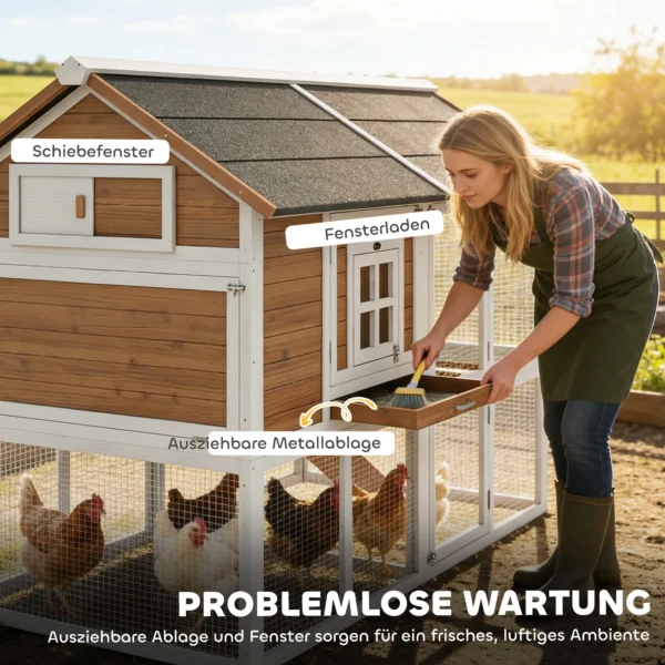 Kippenhok Met Ren, Nestkast, Uitschuifbaar Dienblad, Asfaltdak Voor 4 Kippen 200x104x145cm Hout Bruin