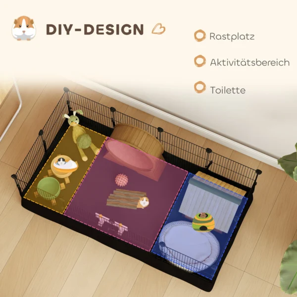 Klein Dierenverblijf Met Bodemplaten, Vrijloopverblijf, Ren Met 12 Panelen, Waterdichte Mat, 120x60x40 Cm, Zwart