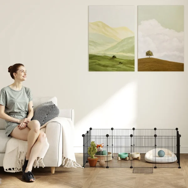 Klein Dierenverblijf Met Bodemplaten, Vrijloopverblijf, Ren Met 12 Panelen, Waterdichte Mat, 120x60x40 Cm, Zwart