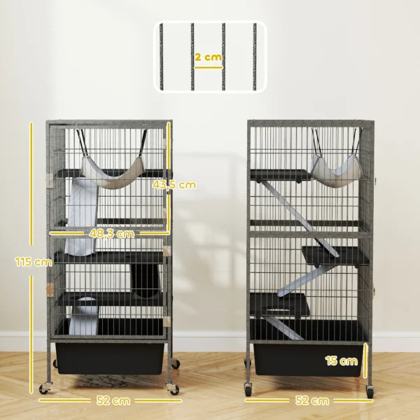 Kleindierkooi 4 verdiepingen Knaagdierkooi Met Uitschuifbaar Dienblad, Hellingen, Hangmat, Wielen, Platforms 52x52x115 Cm Grijs