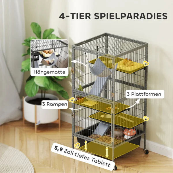 Kleindierkooi 4 verdiepingen Knaagdierkooi Met Uitschuifbaar Dienblad, Hellingen, Hangmat, Wielen, Platforms 52x52x115 Cm Grijs