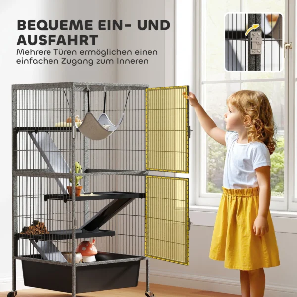 Kleindierkooi 4 verdiepingen Knaagdierkooi Met Uitschuifbaar Dienblad, Hellingen, Hangmat, Wielen, Platforms 52x52x115 Cm Grijs
