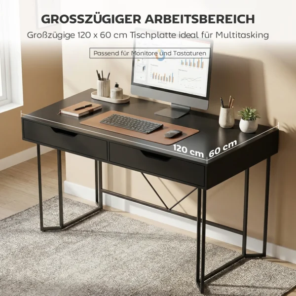 Kleine Computertafel Met 2 Lades, Bureau Met Groot Werkoppervlak 120 X 60 X 77 Cm Zwart