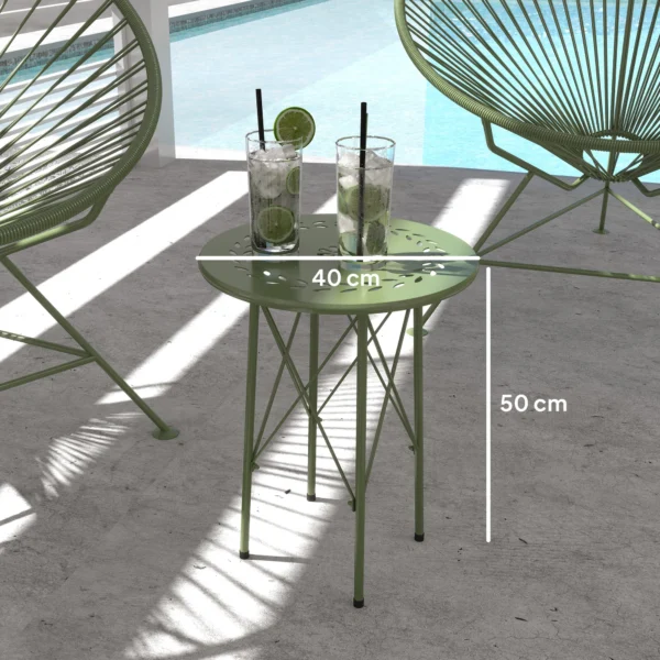 Kleine Ronde Bijzettafel, Tuintafel, Met Bloemen En Bladpatroon, Gemaakt Van Staal, Ø 40 X 50 Cm, Groen