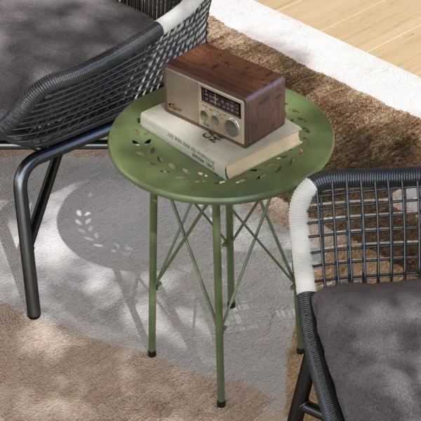 Kleine Ronde Bijzettafel, Tuintafel, Met Bloemen En Bladpatroon, Gemaakt Van Staal, Ø 40 X 50 Cm, Groen