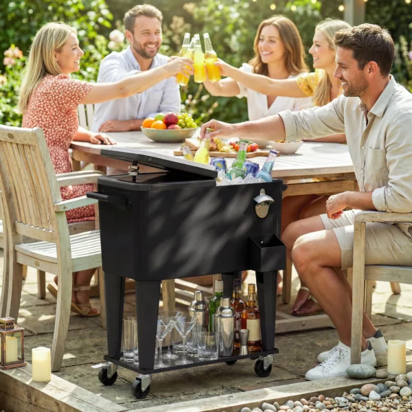 Koelwagen Met Opbergruimte, Afvoer, Wielen En Zwart Ontwerp