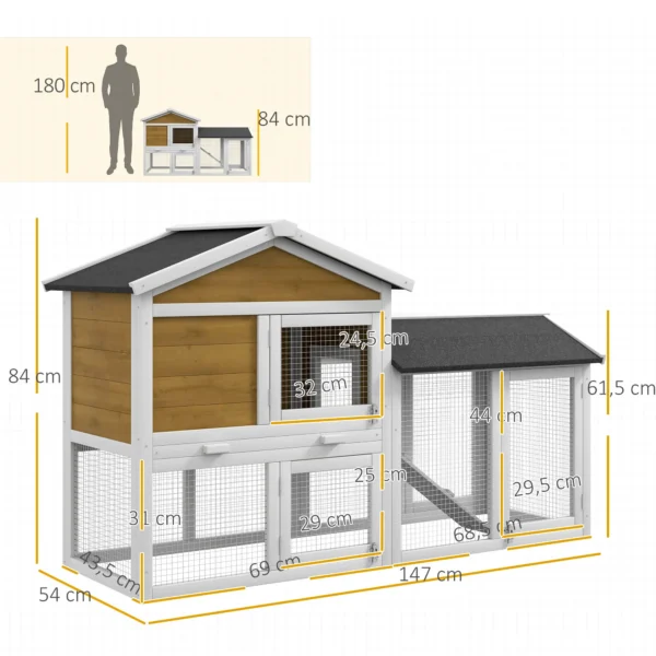 Konijnenhok 2 Verdiepingen Houten Konijnenkooi Met Bitumendak Vrijloopren Helling Deuren 147x54x84 Cm Geel