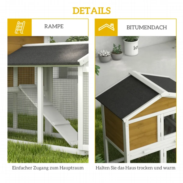 Konijnenhok 2 Verdiepingen Houten Konijnenkooi Met Bitumendak Vrijloopren Helling Deuren 147x54x84 Cm Geel