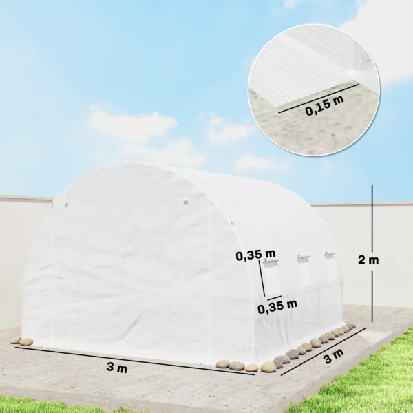 Kweekkasfolie 3 X 3 M, Waterdichte Polyethyleenfolie Met Roldeur, 6 Ramen, UV bescherming Wit