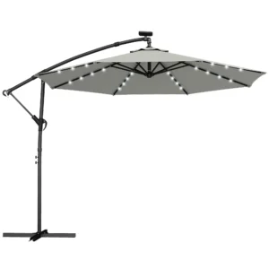 LED Parasol Op Zonne energie Ca. Ø300 Cm Draaibaar Zonnescherm Met Kruk Stand En Beschermhoes Lichtgrijs