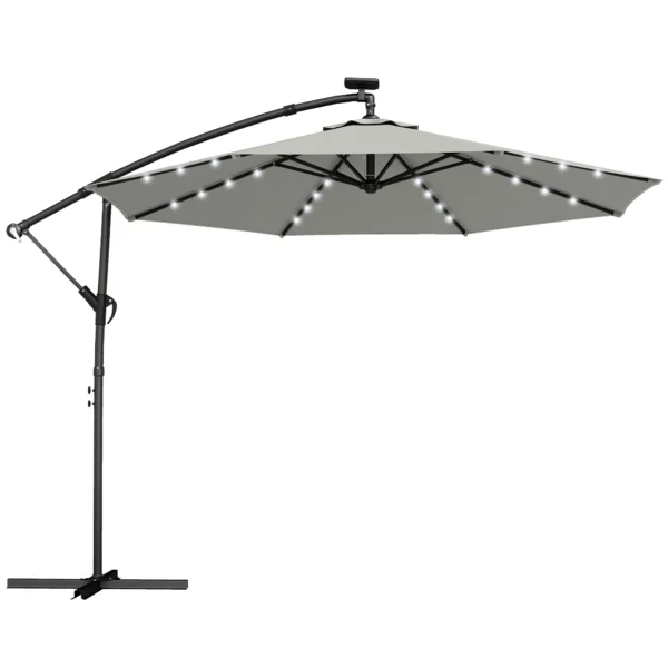 LED Parasol Op Zonne energie Ca. Ø300 Cm Draaibaar Zonnescherm Met Kruk Stand En Beschermhoes Lichtgrijs
