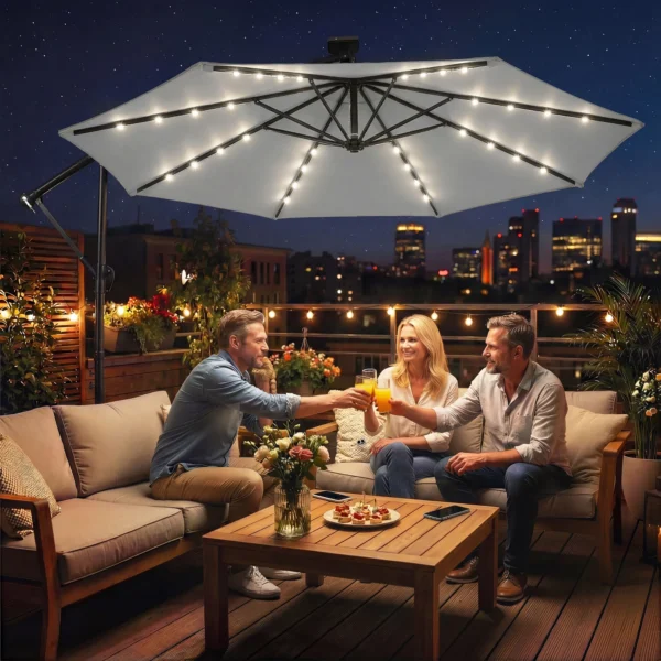 LED Parasol Op Zonne energie Ca. Ø300 Cm Draaibaar Zonnescherm Met Kruk Stand En Beschermhoes Lichtgrijs