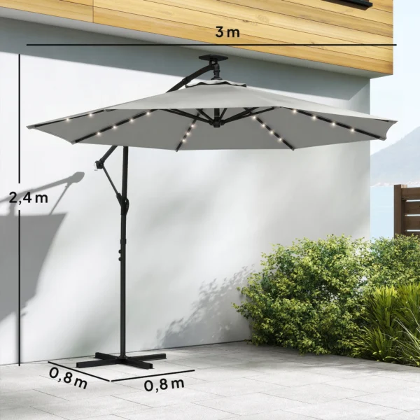 LED Parasol Op Zonne energie Ca. Ø300 Cm Draaibaar Zonnescherm Met Kruk Stand En Beschermhoes Lichtgrijs