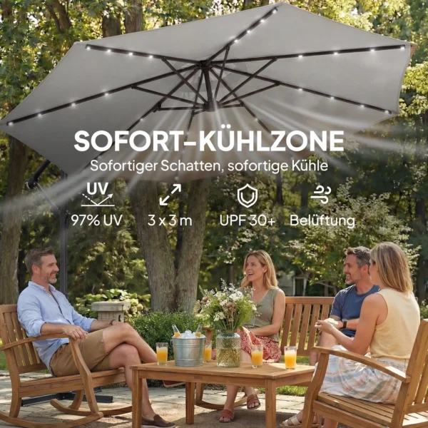 LED Parasol Op Zonne energie Ca. Ø300 Cm Draaibaar Zonnescherm Met Kruk Stand En Beschermhoes Lichtgrijs