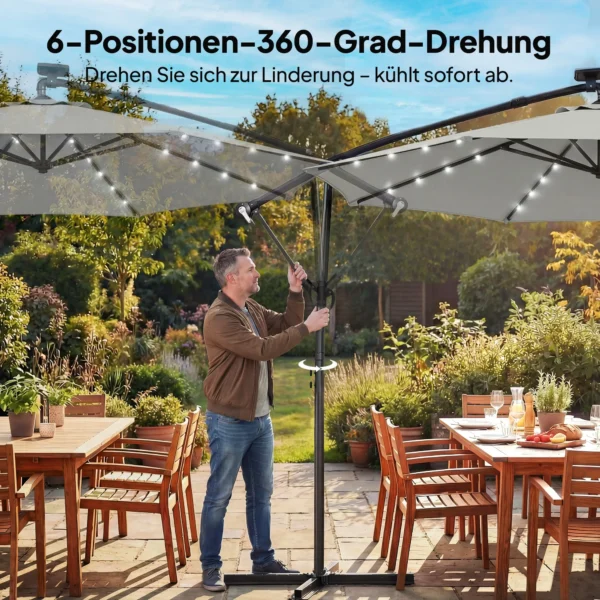 LED Parasol Op Zonne energie Ca. Ø300 Cm Draaibaar Zonnescherm Met Kruk Stand En Beschermhoes Lichtgrijs