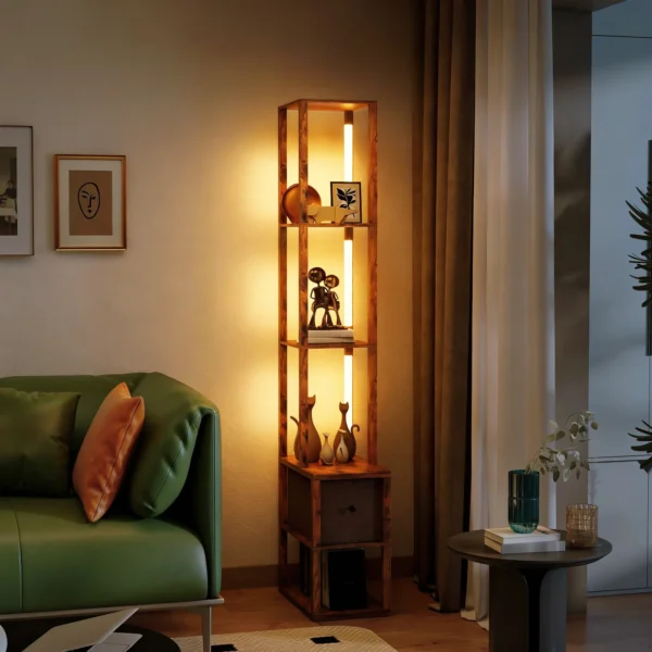 LED staande Lamp Met Planken, Instelbare Helderheid, Voetschakelaar Voor Slaapkamer, Rustiek Bruin