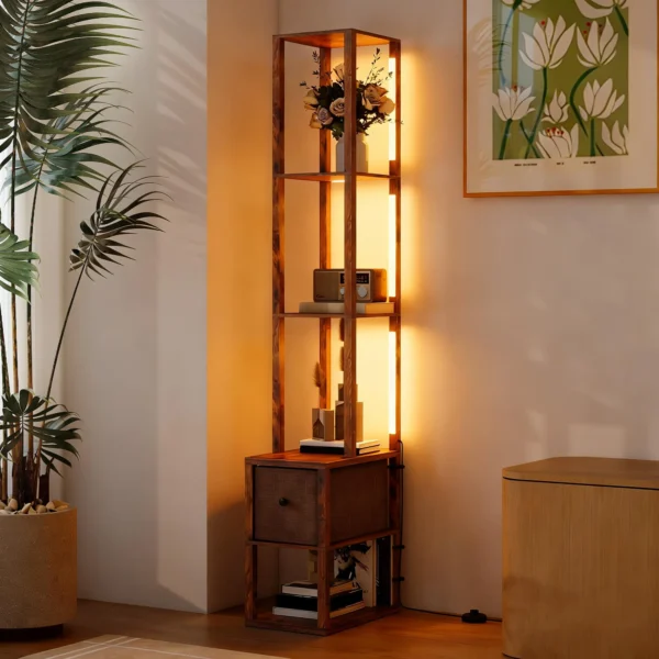 LED staande Lamp Met Planken, Instelbare Helderheid, Voetschakelaar Voor Slaapkamer, Rustiek Bruin