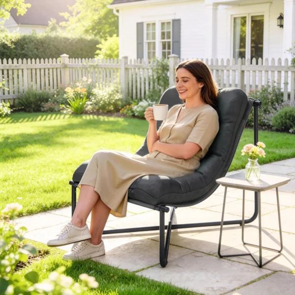 Lounge Stoel Outdoor Ergonomische Tuinstoel Met Huidvriendelijk Kussen Brede Zit Stalen Frame Donkergrijs