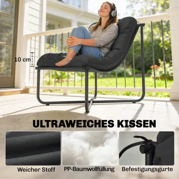 Lounge Stoel Outdoor Ergonomische Tuinstoel Met Huidvriendelijk Kussen Brede Zit Stalen Frame Donkergrijs