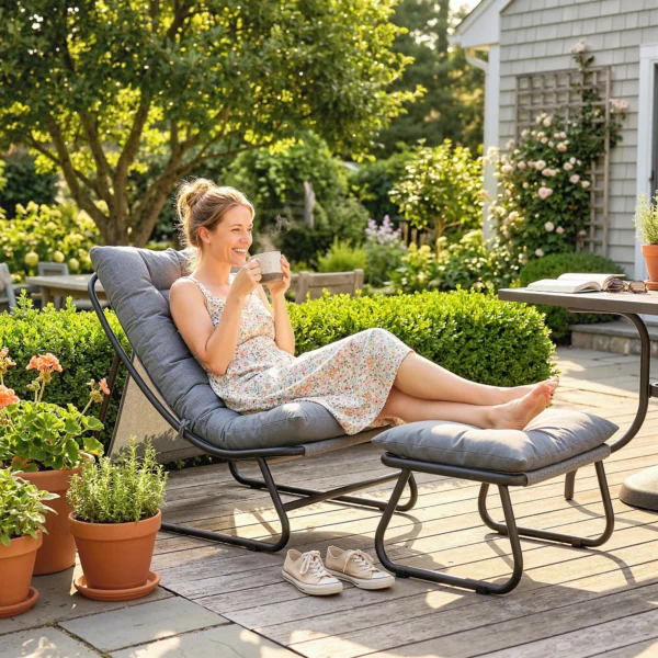 Loungestoel Outdoor Balkonstoel Met Voetenbank 13 Cm Dikke Kussen Antislip Voeten Donkergrijs