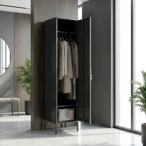 Metalen Locker Met Afsluitbare Deur En Kledingstang, Enkele Stalen Locker Voor Thuis Of Kantoor, Zwart